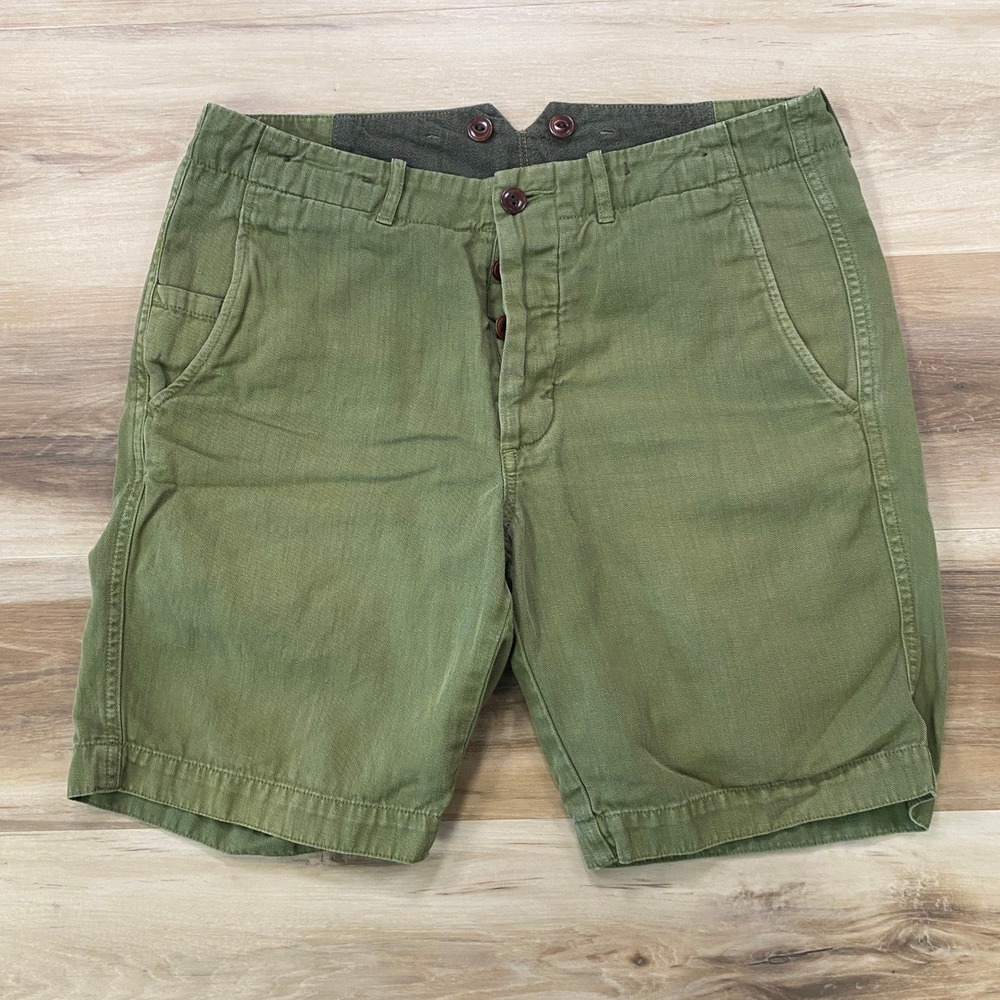 Wallace & Barnes J.Crew Shorts 31 Military Chino Cotton Linen Green Herringbone